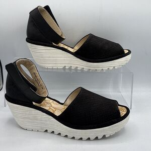 Fly London Women’s Yake Perforated Black Leather Sandals Wedge Heels EU39 US8.5